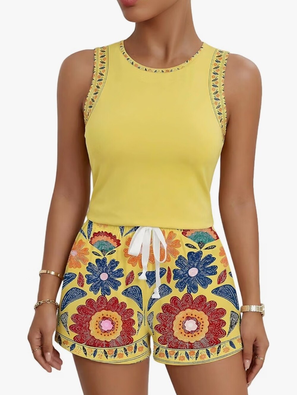 2 Piece Boho Floral Print Set Summer Sleeveless Tank Top and Short